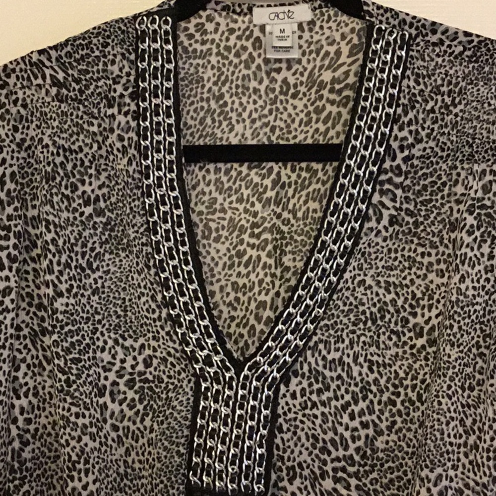 Cache Black & Gray Leopard Print Top Embellished w/ Chains on Front